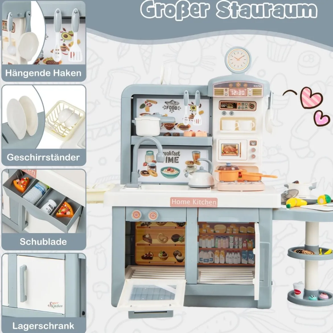 Spielküche Kinder mit 49 Zubehör Kinderküche mit Licht & Sound Kinderspielküche Grau