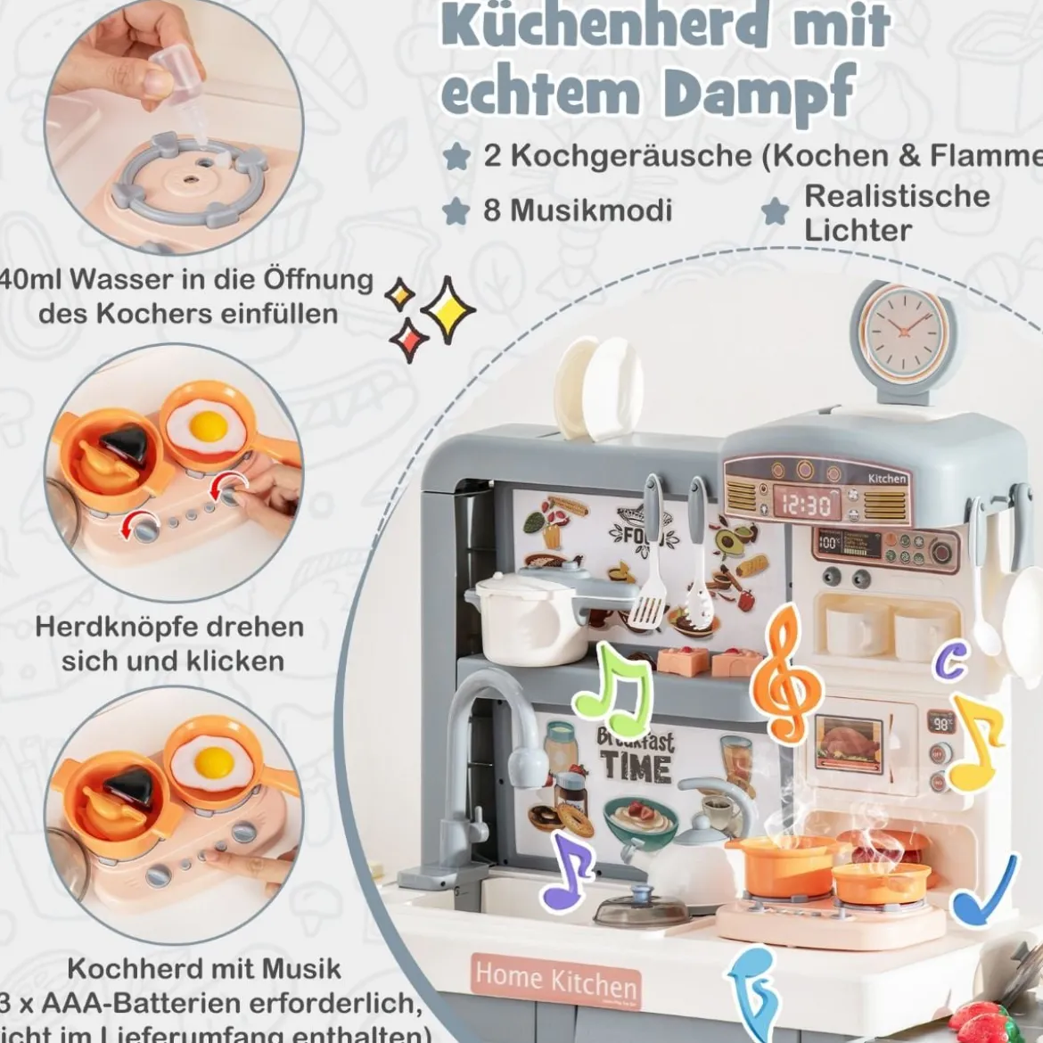 Spielküche Kinder mit 49 Zubehör Kinderküche mit Licht & Sound Kinderspielküche Grau