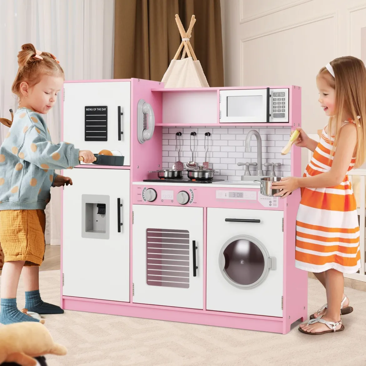 Spielküchen-Spielzeugset Kinderküche mit Ofen Waschmaschine Mikrowelle Rollenspielküche