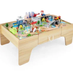 Spieltisch aus Holz 110-teiliges Kinder Eisenbahn-Set mit Integrierter Großer Schublade 107 x 63 x 40 cm