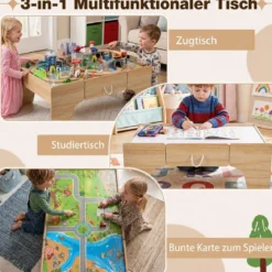 Spieltisch aus Holz 110-teiliges Kinder Eisenbahn-Set mit Integrierter Großer Schublade 107 x 63 x 40 cm