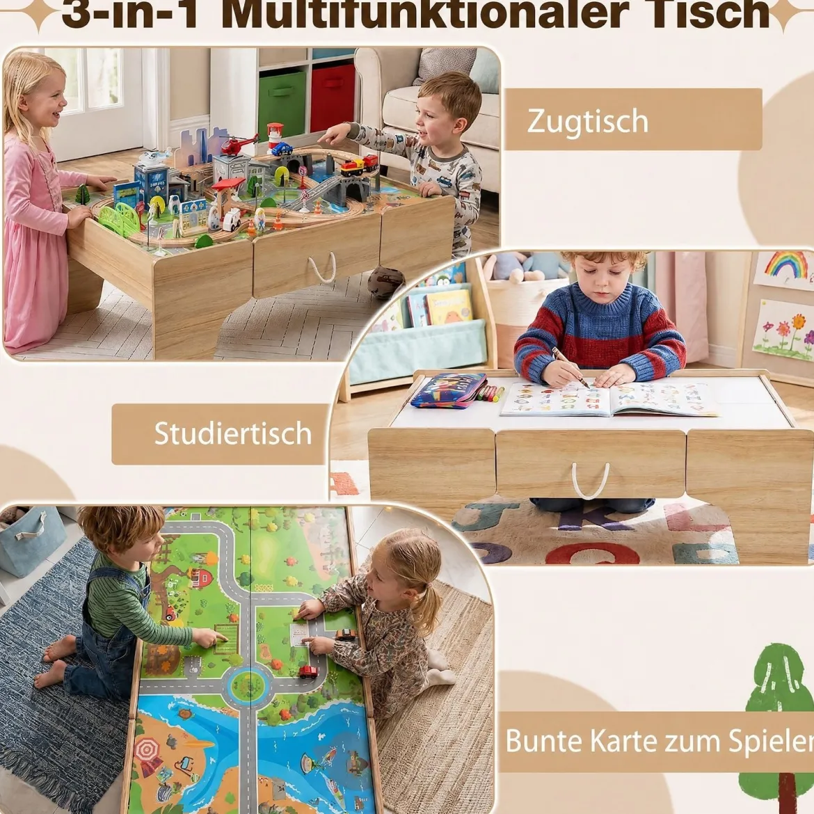 Spieltisch aus Holz 110-teiliges Kinder Eisenbahn-Set mit Integrierter Großer Schublade 107 x 63 x 40 cm