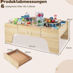 Spieltisch aus Holz 110-teiliges Kinder Eisenbahn-Set mit Integrierter Großer Schublade 107 x 63 x 40 cm