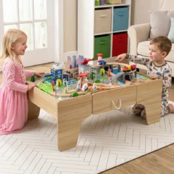 Spieltisch aus Holz 110-teiliges Kinder Eisenbahn-Set mit Integrierter Großer Schublade 107 x 63 x 40 cm