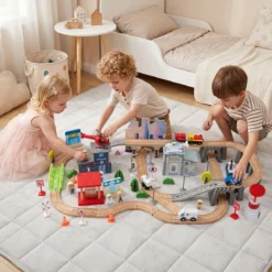Spieltisch aus Holz 110-teiliges Kinder Eisenbahn-Set mit Integrierter Großer Schublade 107 x 63 x 40 cm