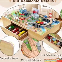 Spieltisch aus Holz 110-teiliges Kinder Eisenbahn-Set mit Integrierter Großer Schublade 107 x 63 x 40 cm