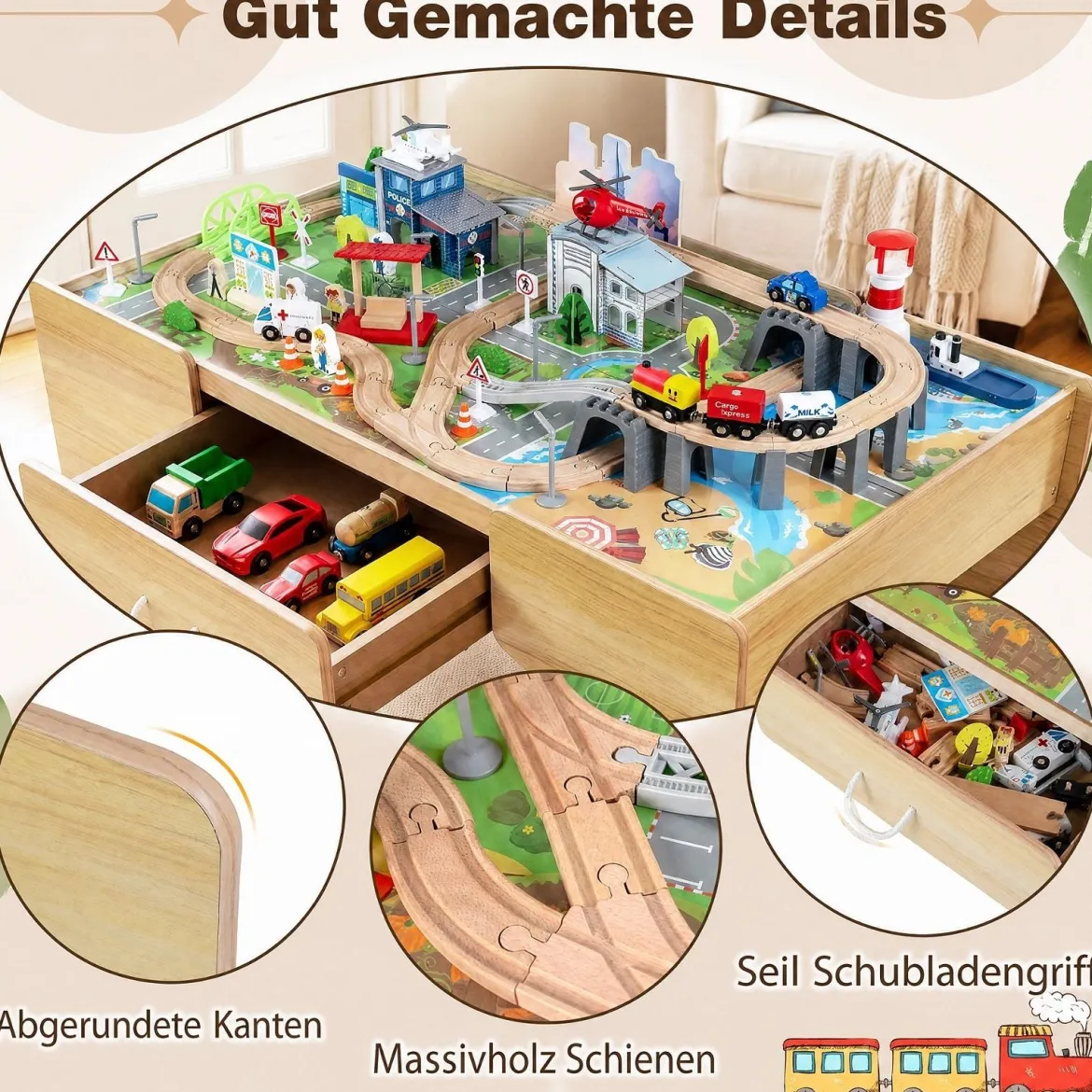Spieltisch aus Holz 110-teiliges Kinder Eisenbahn-Set mit Integrierter Großer Schublade 107 x 63 x 40 cm