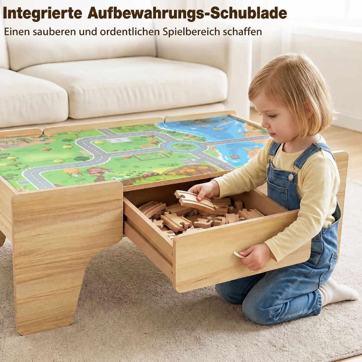Spieltisch aus Holz 110-teiliges Kinder Eisenbahn-Set mit Integrierter Großer Schublade 107 x 63 x 40 cm