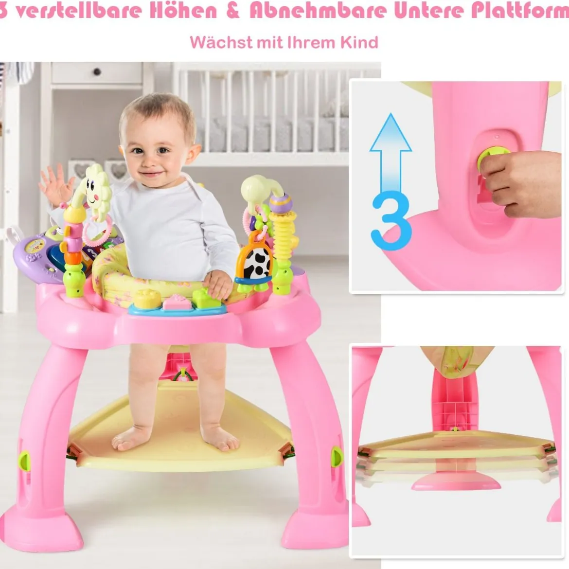 Spieltisch Baby Jumperoo mit 360° Drehbarem Sitz und 3 Verstellbaren Höhen 75 x 67 x 76 cm Rosa