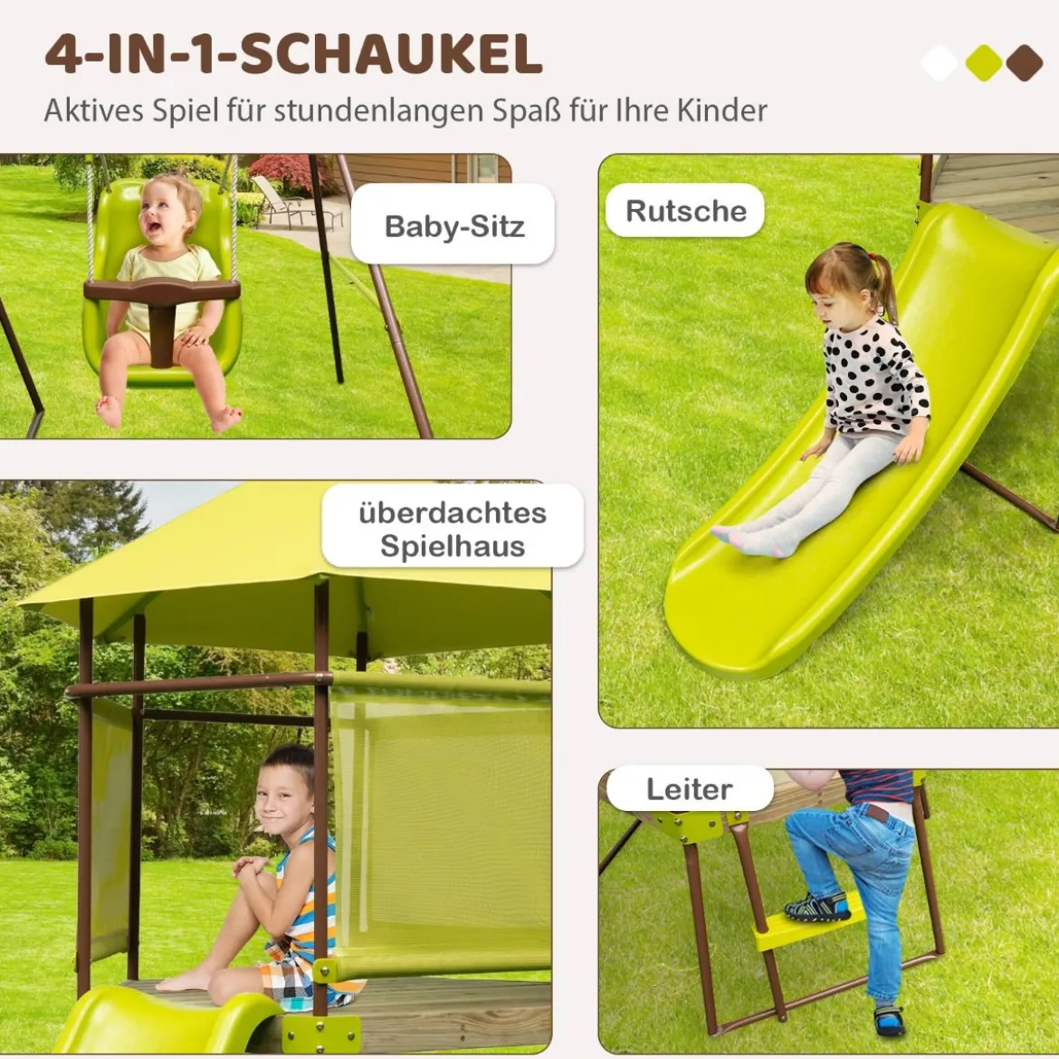 Spielturm Klettergerüst mit Schaukel Rutsche und Leiter Outdoor Kinder Kletterturm 225 x 203 x 168 cm Grün
