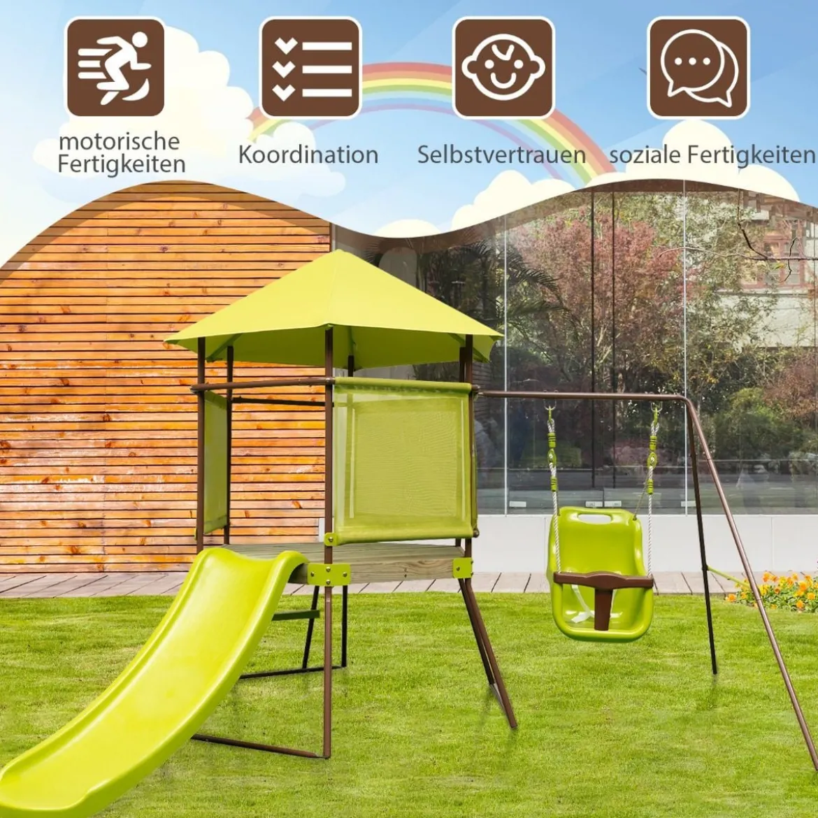 Spielturm Klettergerüst mit Schaukel Rutsche und Leiter Outdoor Kinder Kletterturm 225 x 203 x 168 cm Grün