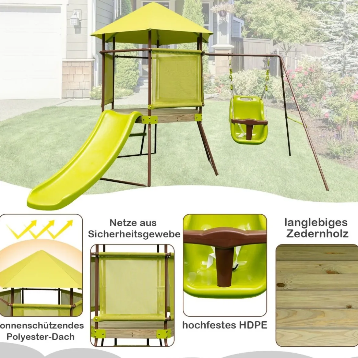 Spielturm Klettergerüst mit Schaukel Rutsche und Leiter Outdoor Kinder Kletterturm 225 x 203 x 168 cm Grün