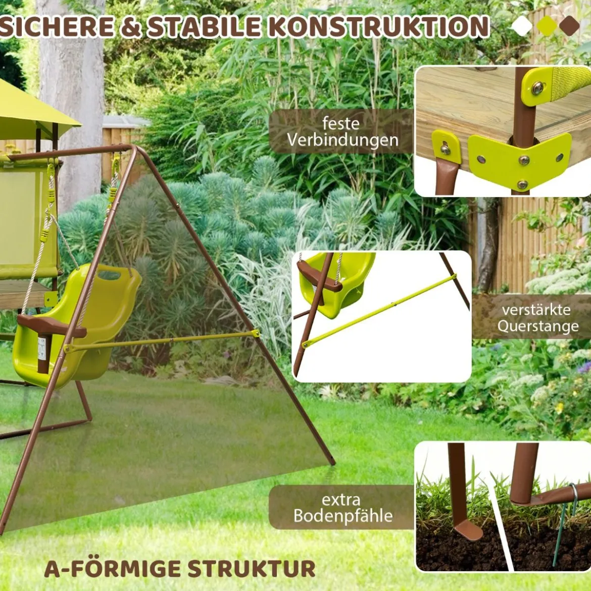 Spielturm Klettergerüst mit Schaukel Rutsche und Leiter Outdoor Kinder Kletterturm 225 x 203 x 168 cm Grün