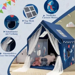 Spielzelt Großes Kinderzelt Indoor-Spielzelt mit Matte Türvorhang 121 x 105 x 137 cm Blau