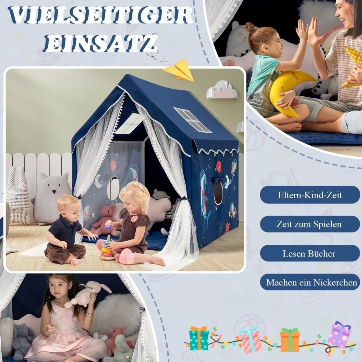 Spielzelt Großes Kinderzelt Indoor-Spielzelt mit Matte Türvorhang 121 x 105 x 137 cm Blau