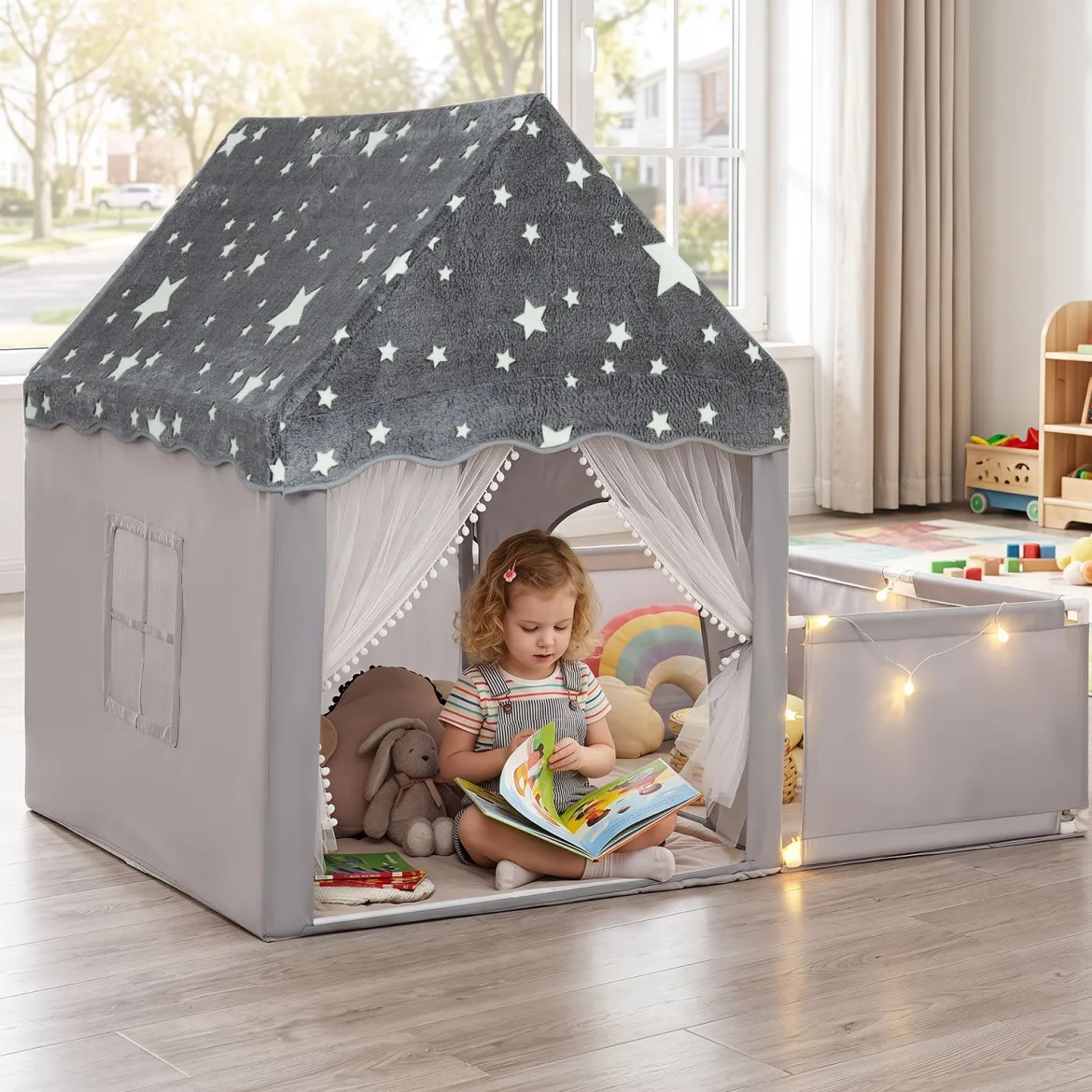 Spielzelt 2 in 1 Kinderzelt im Dunkel Leuchtend mit Laufstall Spielhaus mit Matte & Fenster