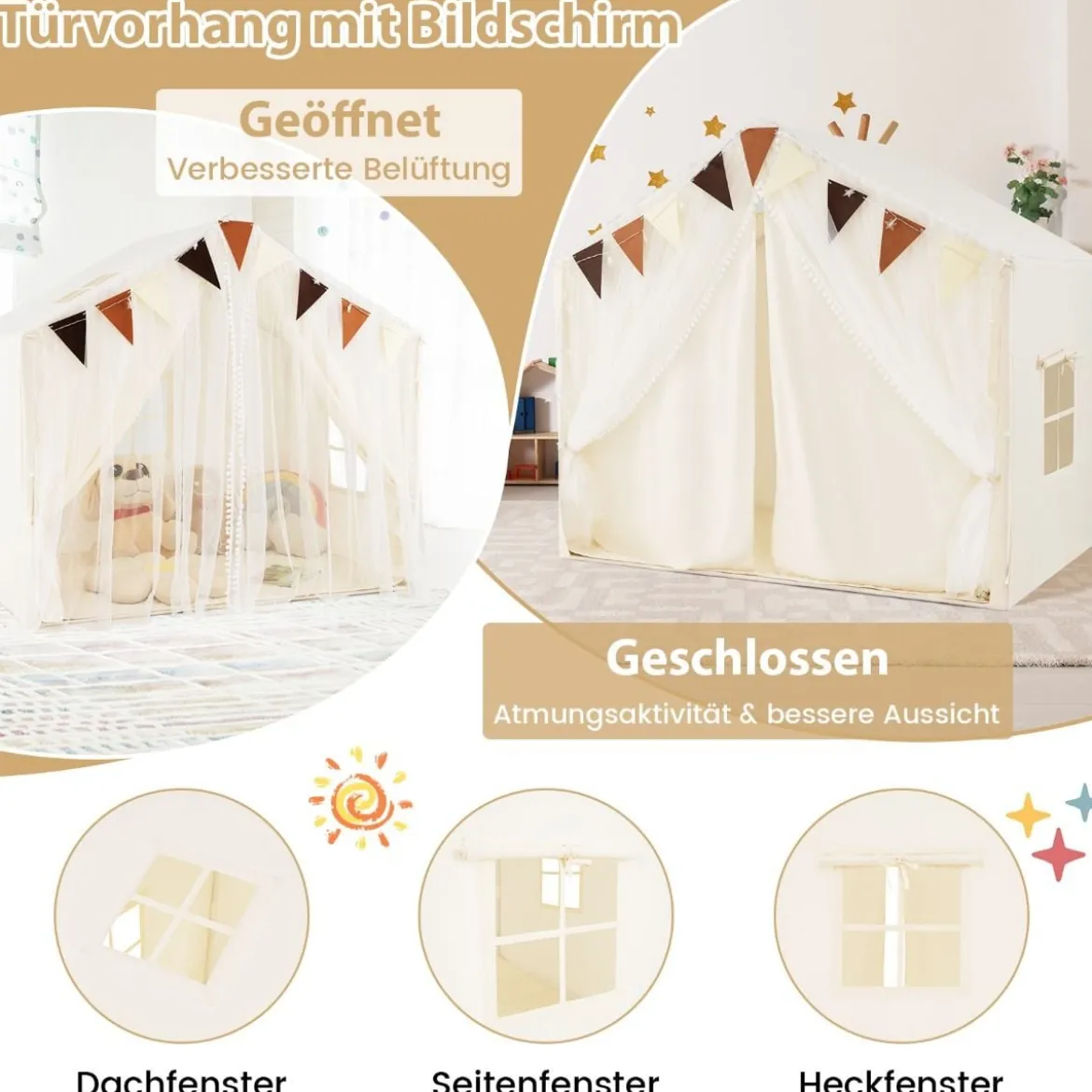 Spielzelt mit 2 Vorhängen & Sternenlichtern & Karierten Wimpel Großes Spielhaus für 3–4 Kinder