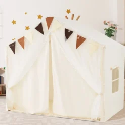 Spielzelt mit 2 Vorhängen & Sternenlichtern & Karierten Wimpel Großes Spielhaus für 3–4 Kinder