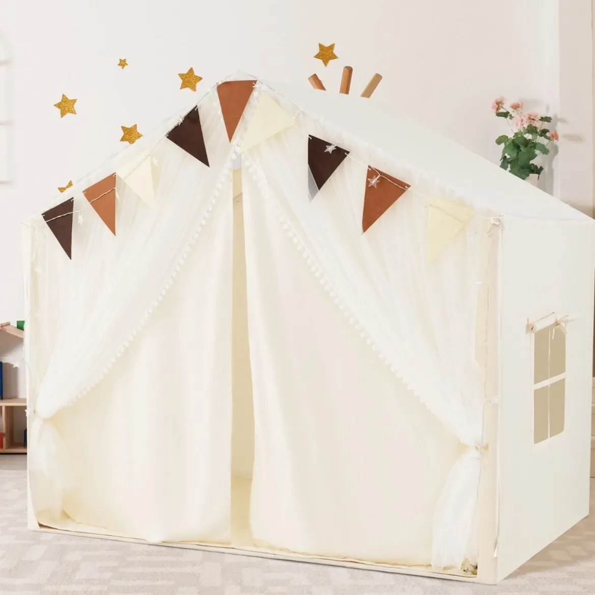 Spielzelt mit 2 Vorhängen & Sternenlichtern & Karierten Wimpel Großes Spielhaus für 3–4 Kinder