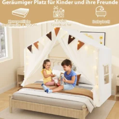 Spielzelt mit 2 Vorhängen & Sternenlichtern & Karierten Wimpel Großes Spielhaus für 3–4 Kinder