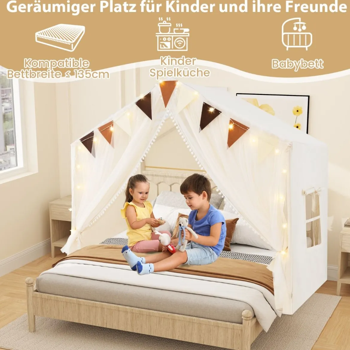 Spielzelt mit 2 Vorhängen & Sternenlichtern & Karierten Wimpel Großes Spielhaus für 3–4 Kinder