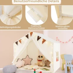 Spielzelt mit 2 Vorhängen & Sternenlichtern & Karierten Wimpel Großes Spielhaus für 3–4 Kinder