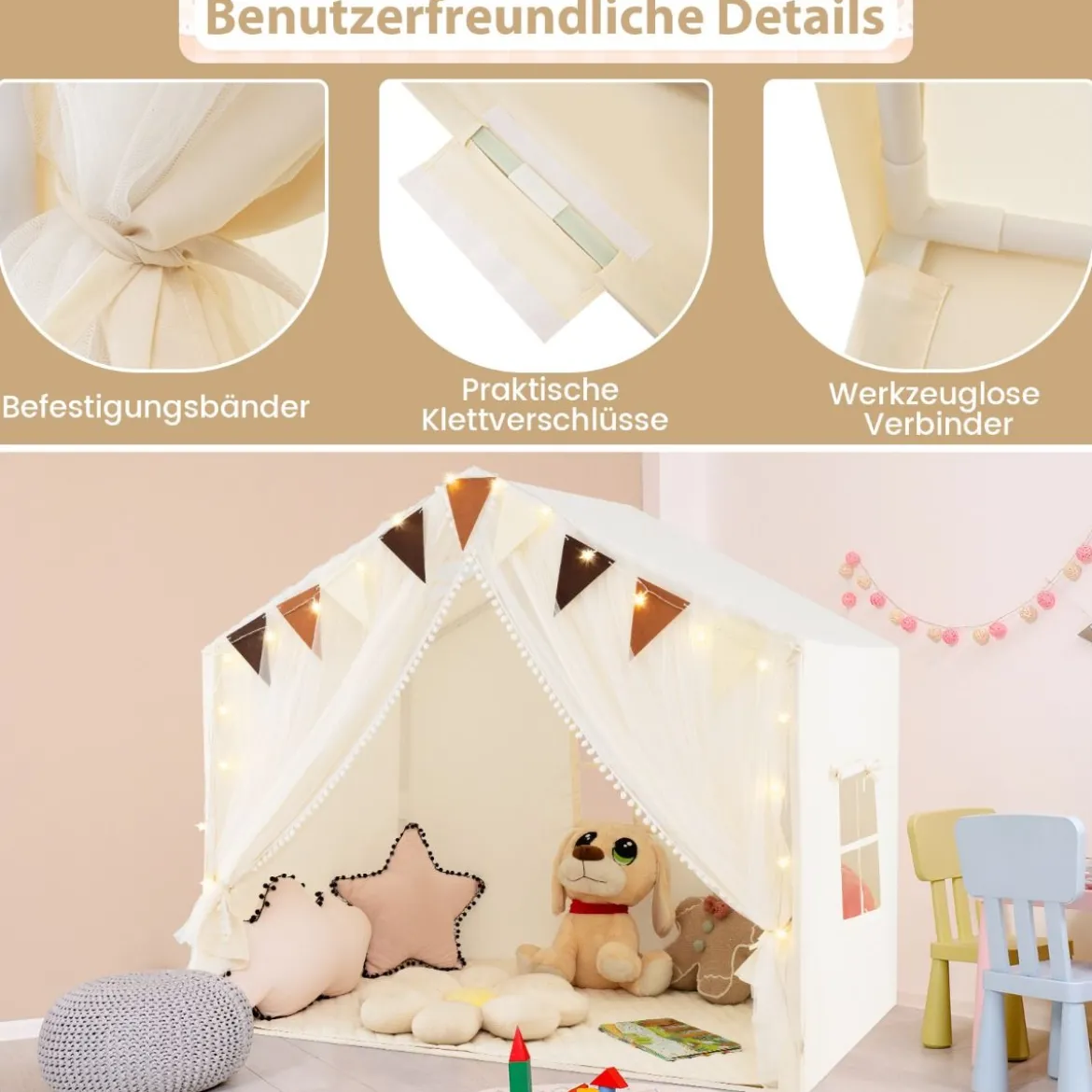 Spielzelt mit 2 Vorhängen & Sternenlichtern & Karierten Wimpel Großes Spielhaus für 3–4 Kinder