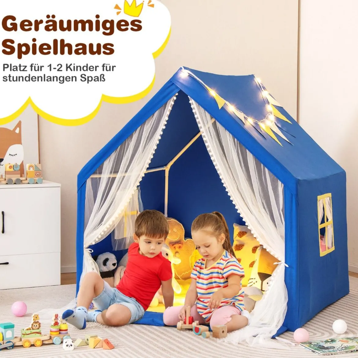 Spielzelt Spielhaus für Kinder mit Waschbarer Baumwollmatte 122 x 105 x 125 cm Blau