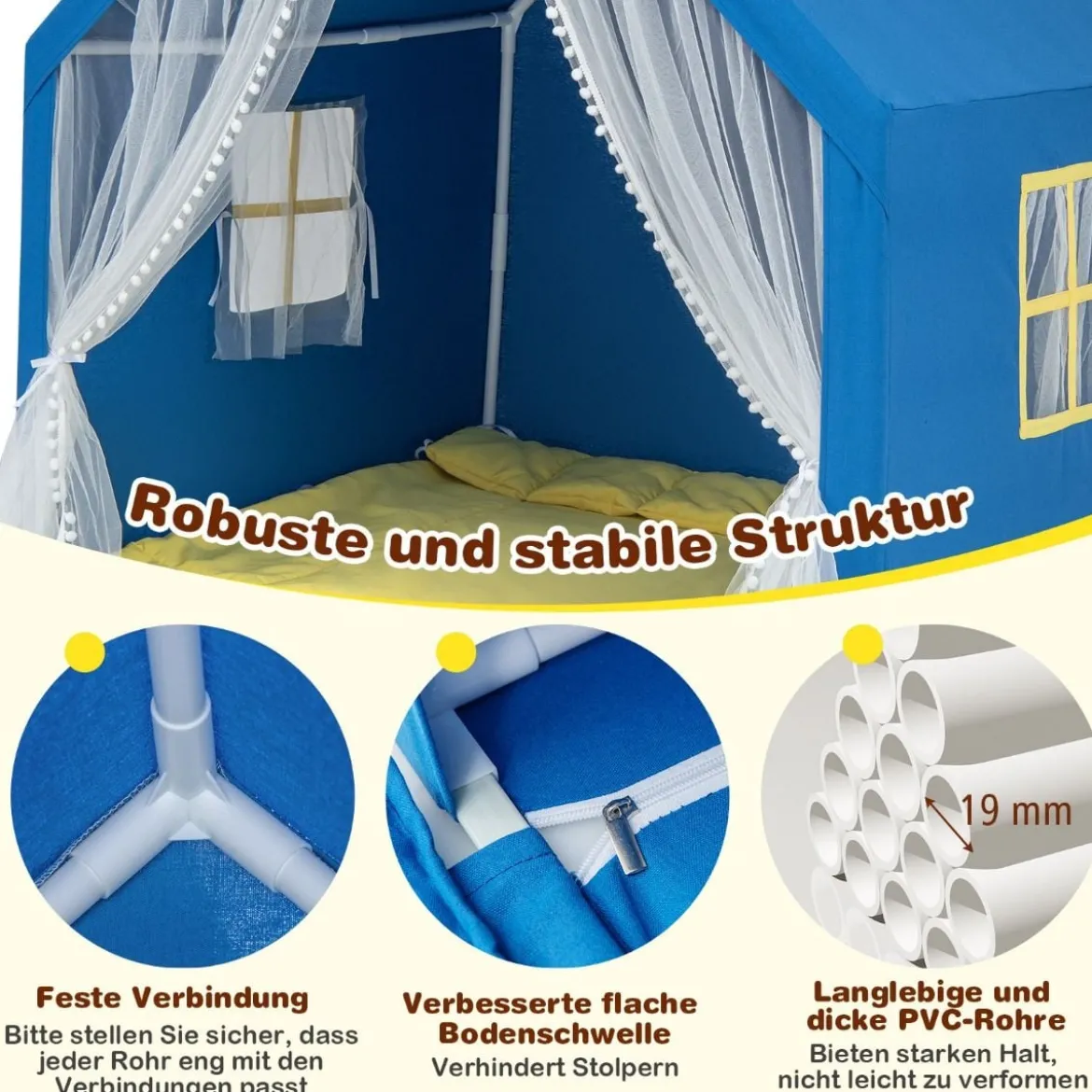 Spielzelt Spielhaus für Kinder mit Waschbarer Baumwollmatte 122 x 105 x 125 cm Blau
