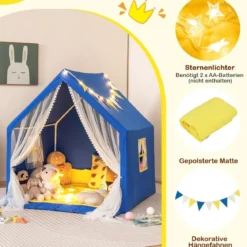 Spielzelt Spielhaus für Kinder mit Waschbarer Baumwollmatte 122 x 105 x 125 cm Blau