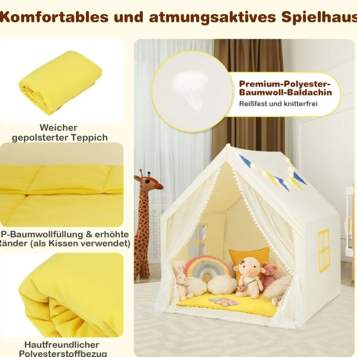Spielzelt Spielhaus für Kinder mit Waschbarer Baumwollmatte 122 x 105 x 125 cm Beige