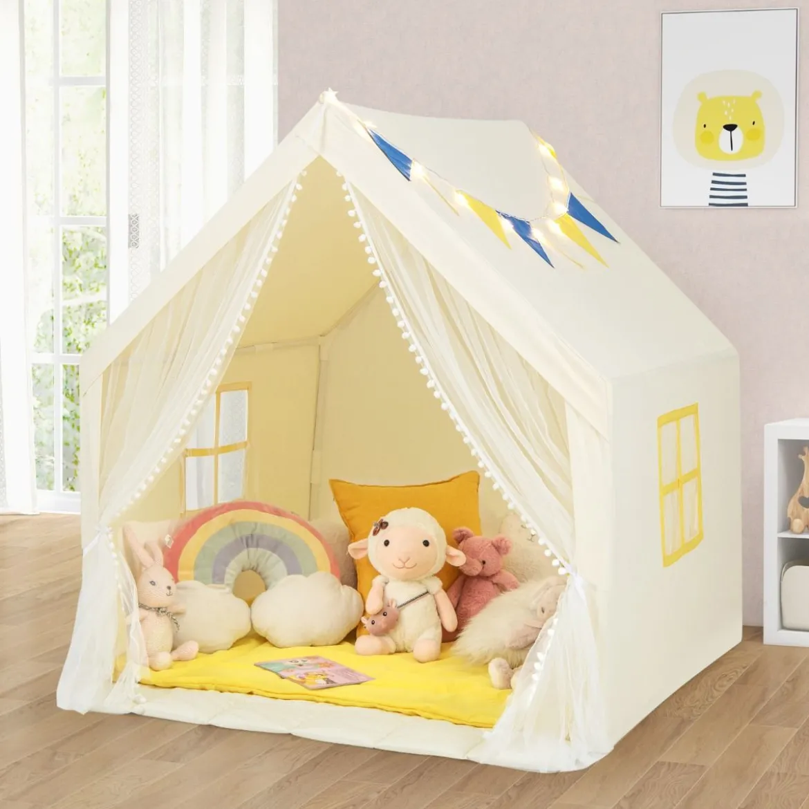 Spielzelt Spielhaus für Kinder mit Waschbarer Baumwollmatte 122 x 105 x 125 cm Beige