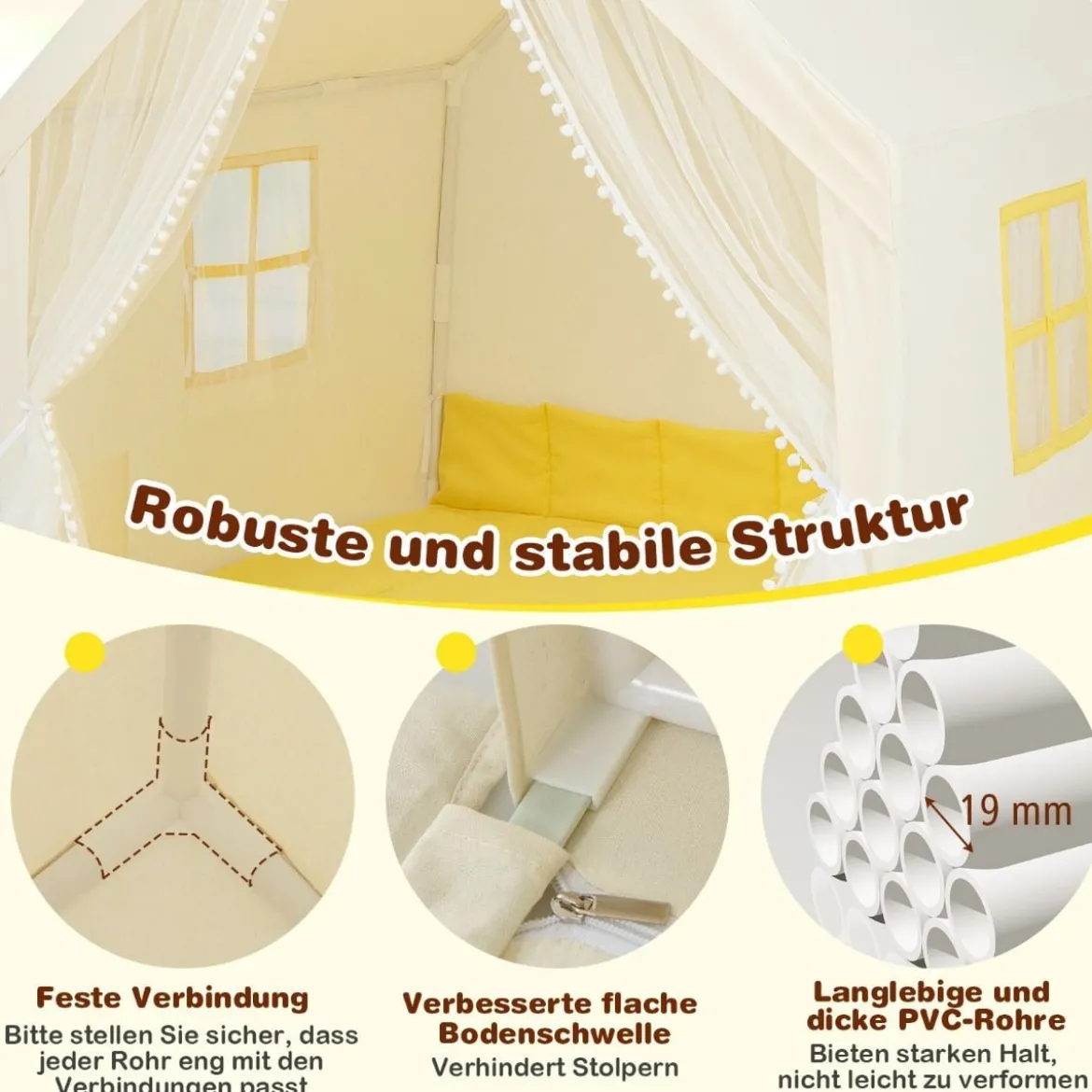 Spielzelt Spielhaus für Kinder mit Waschbarer Baumwollmatte 122 x 105 x 125 cm Beige
