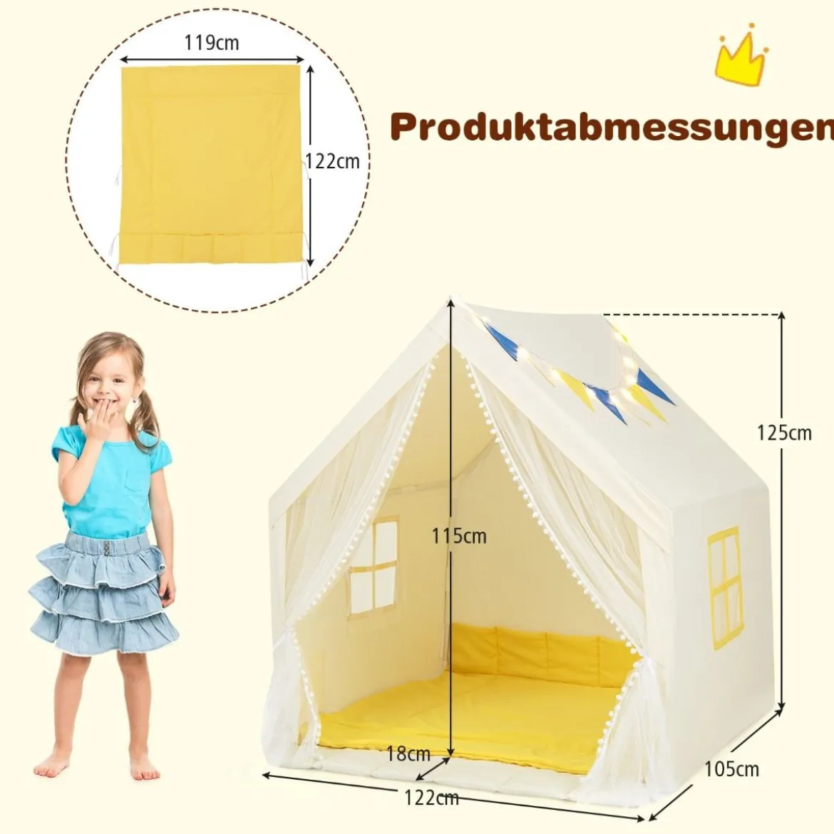 Spielzelt Spielhaus für Kinder mit Waschbarer Baumwollmatte 122 x 105 x 125 cm Beige