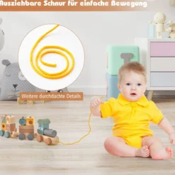 Spielzeugeisenbahn-Set mit stapelbaren Holzklötzen niedlichen Tiermustern Abschleppseil & Hakenverbindungen
