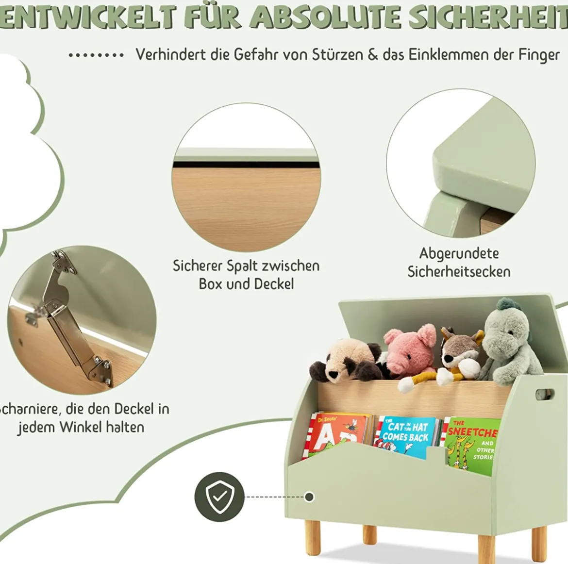 Spielzeugkiste Aufbewahrungstruhe aus Holz mit Regal für Kinderspielzeug Grün