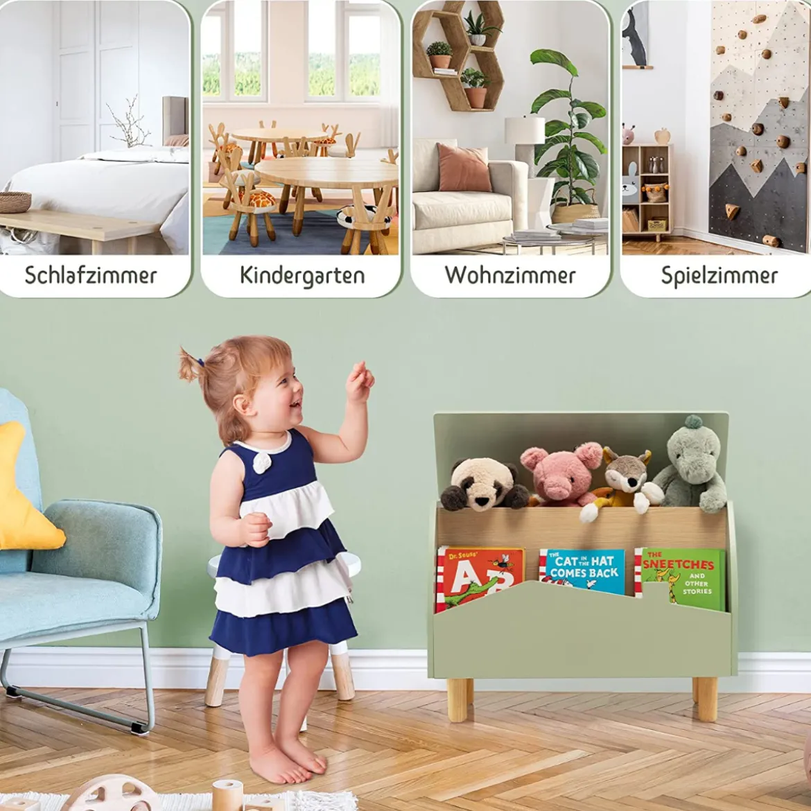 Spielzeugkiste Aufbewahrungstruhe aus Holz mit Regal für Kinderspielzeug Grün