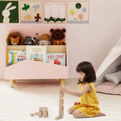 Spielzeugkiste aus Holz mit Regal Spielzeugtruhe mit Klappdeckel 60 x 30 x 44 cm Rosa