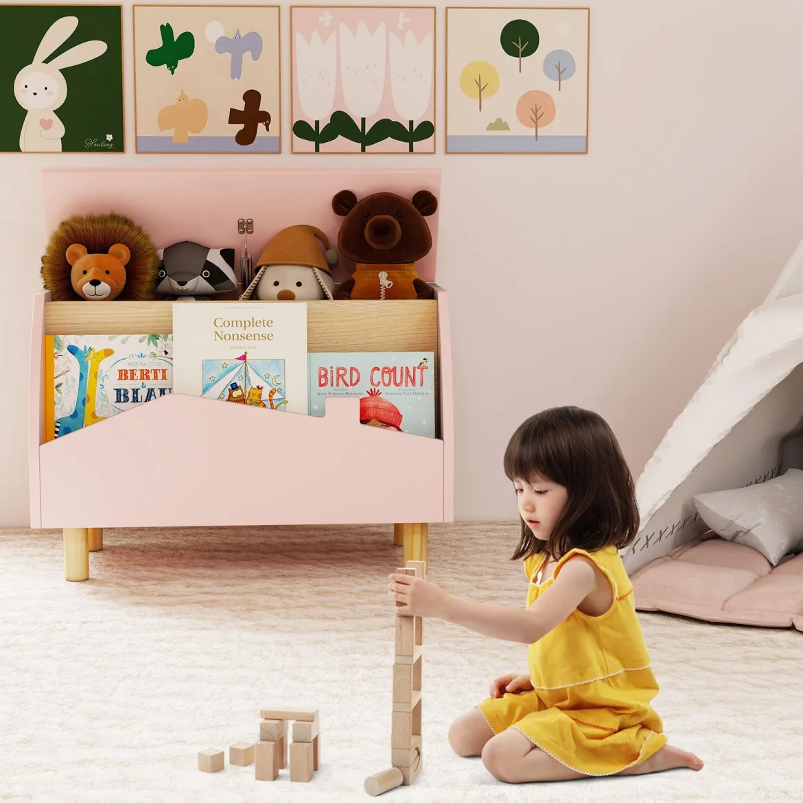 Spielzeugkiste aus Holz mit Regal Spielzeugtruhe mit Klappdeckel 60 x 30 x 44 cm Rosa