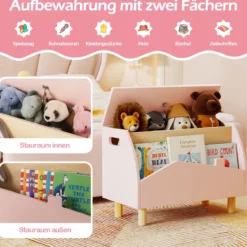 Spielzeugkiste aus Holz mit Regal Spielzeugtruhe mit Klappdeckel 60 x 30 x 44 cm Rosa