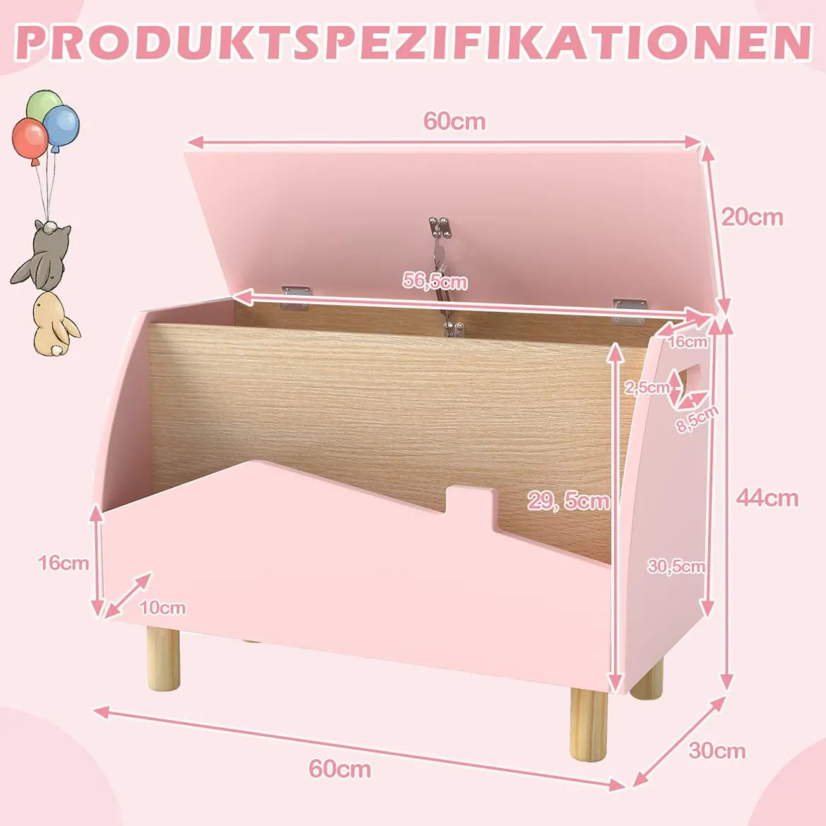 Spielzeugkiste aus Holz mit Regal Spielzeugtruhe mit Klappdeckel 60 x 30 x 44 cm Rosa