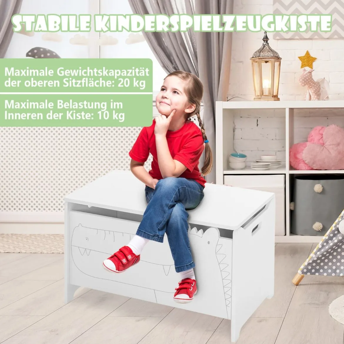 Spielzeugkiste mit Sicherheitsscharnier Holztruhe für Kinder Weiß