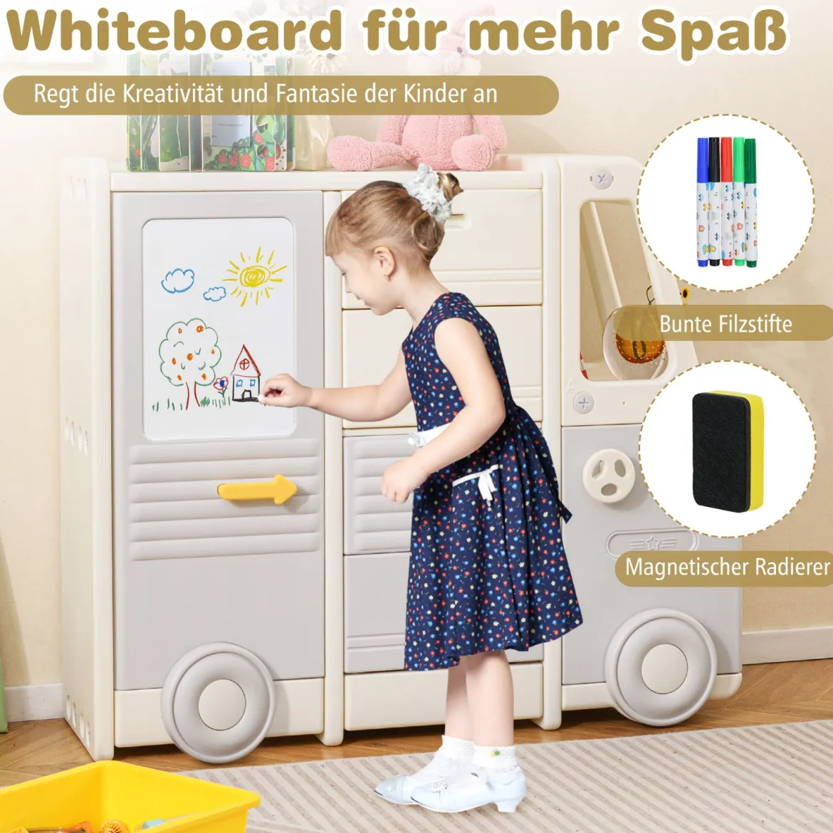Spielzeugregal Auto Kinderregal in Busform mit Whiteboard 4 Schubladen & Schränken 111 x 34 x 94 cm
