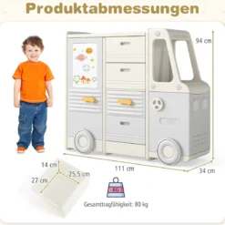 Spielzeugregal Auto Kinderregal in Busform mit Whiteboard 4 Schubladen & Schränken 111 x 34 x 94 cm