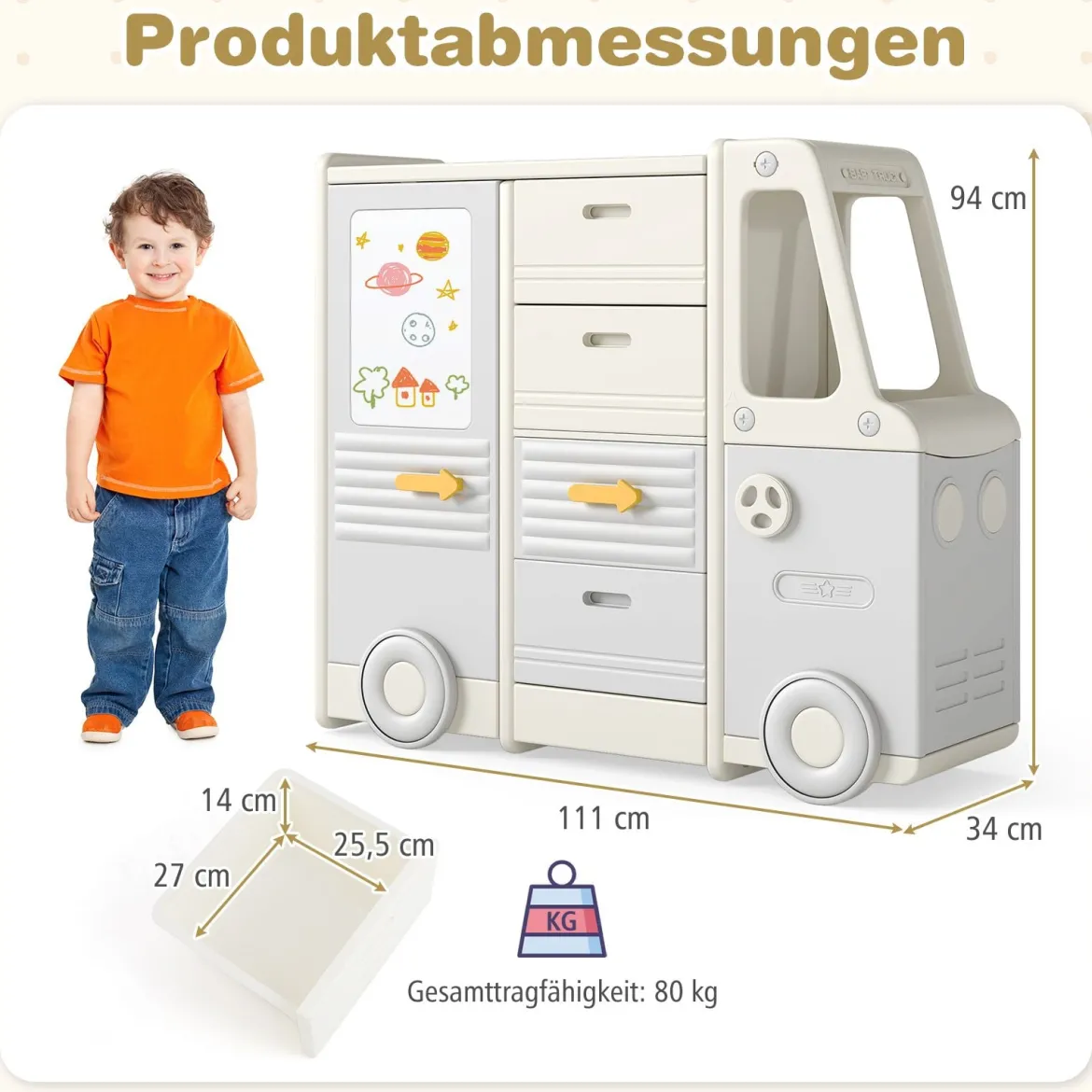 Spielzeugregal Auto Kinderregal in Busform mit Whiteboard 4 Schubladen & Schränken 111 x 34 x 94 cm