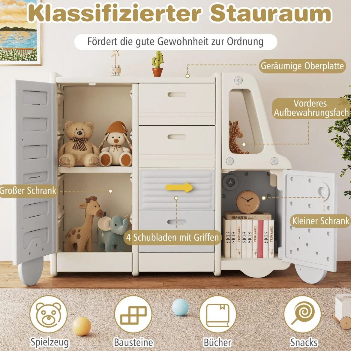 Spielzeugregal Auto Kinderregal in Busform mit Whiteboard 4 Schubladen & Schränken 111 x 34 x 94 cm