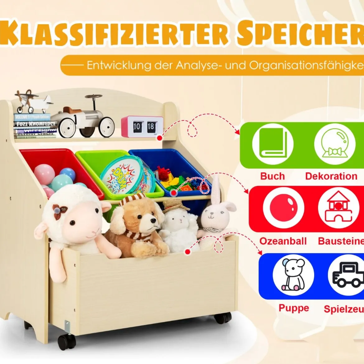 SpielzeugregalHölzerner Kinderschrank mit Rollen Bücherregal Spielzeugablage für Kinder Natur