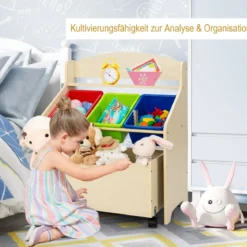 SpielzeugregalHölzerner Kinderschrank mit Rollen Bücherregal Spielzeugablage für Kinder Natur