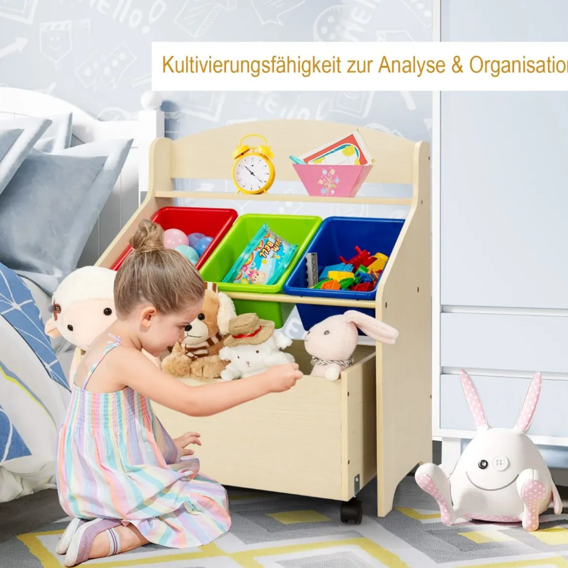 SpielzeugregalHölzerner Kinderschrank mit Rollen Bücherregal Spielzeugablage für Kinder Natur