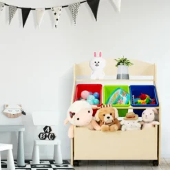 SpielzeugregalHölzerner Kinderschrank mit Rollen Bücherregal Spielzeugablage für Kinder Natur